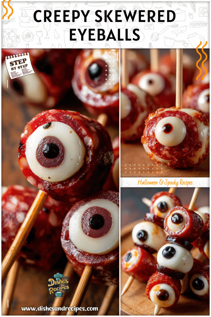 Halloween mozzarella and salami eyeballs served on skewers for a festive appetizer